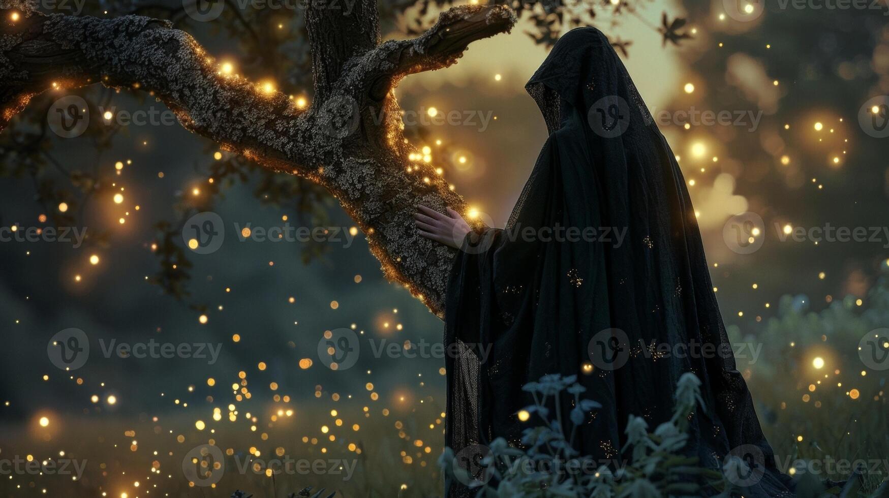 A mysterious figure dressed in a dark cloak stands with their back turned their hand resting on a gnarled tree branch. The meadow . photo