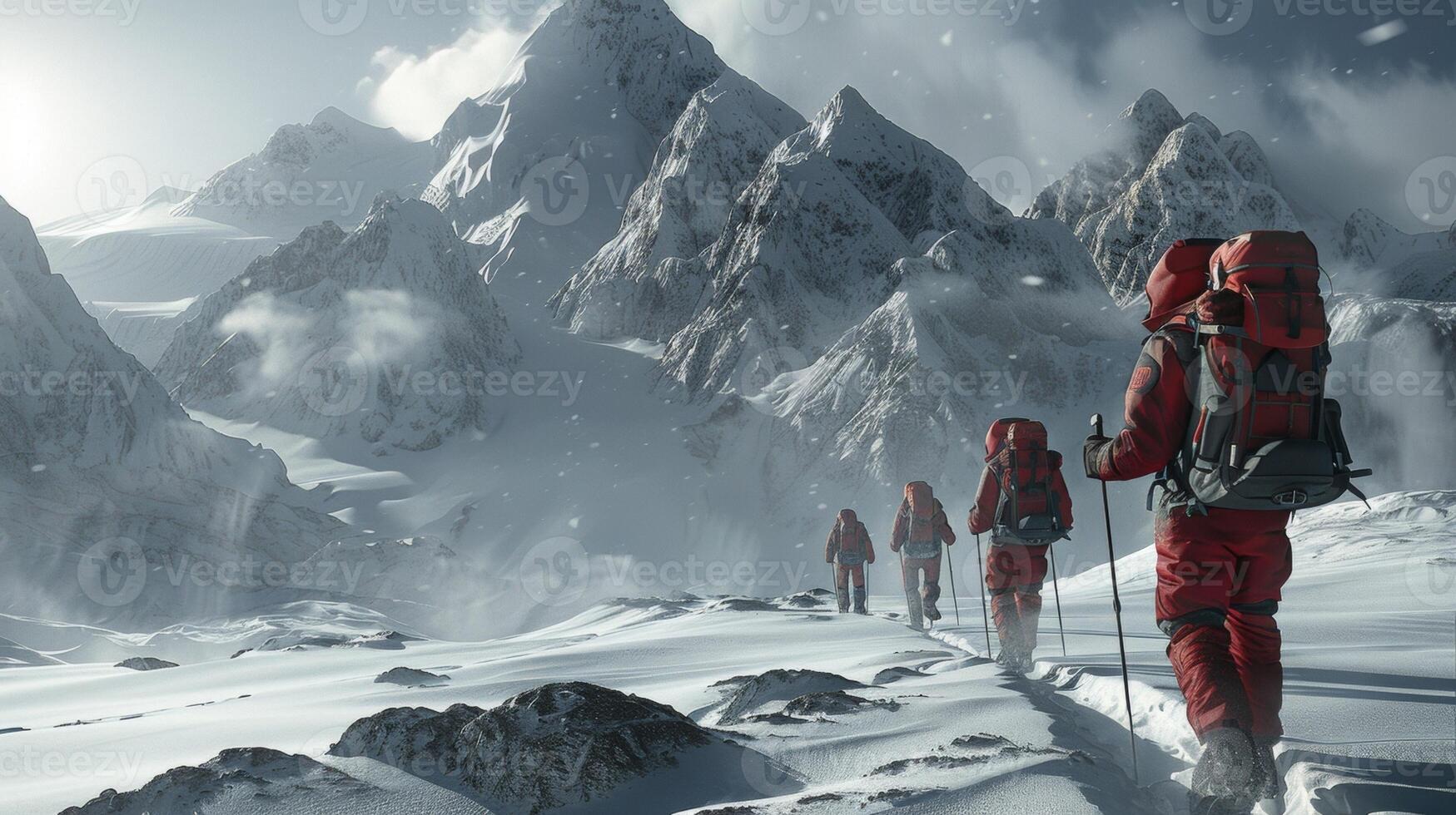 In the midst of a desolate and snowcovered environment a team of explorers trudge forward determined and undeterred. . photo