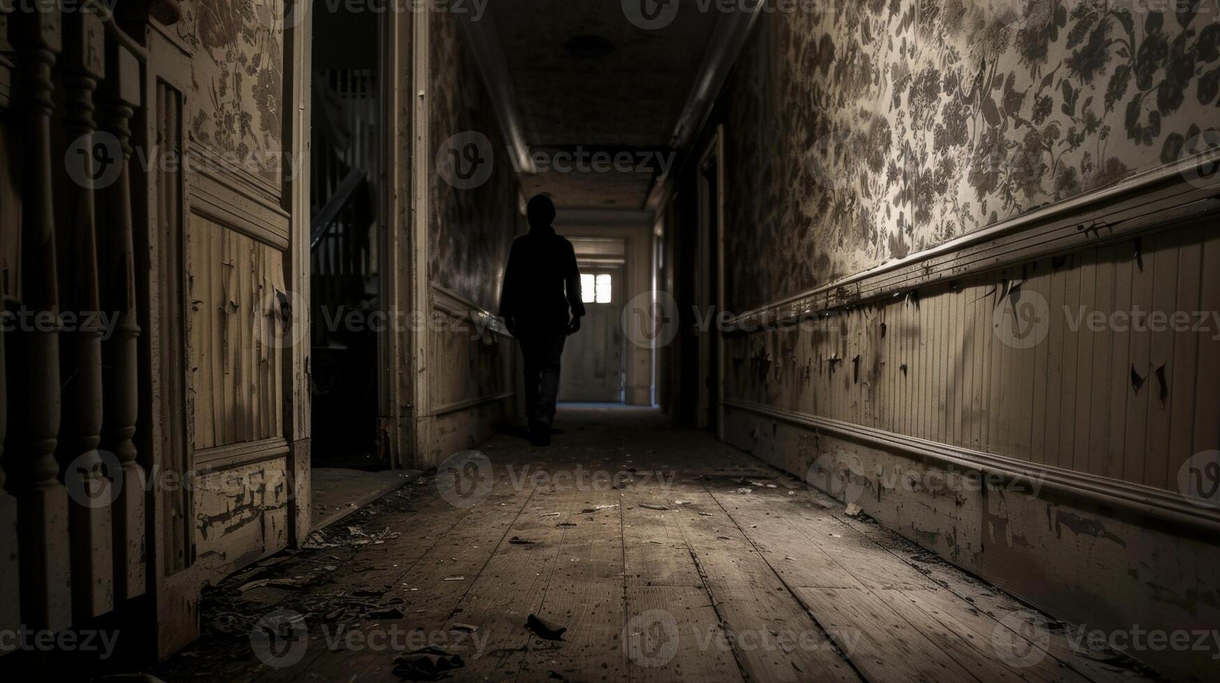 A figure walks away from the camera their silhouette ly visible in the dimly lit hallway the chipped wood and faded wallpaper adding . photo