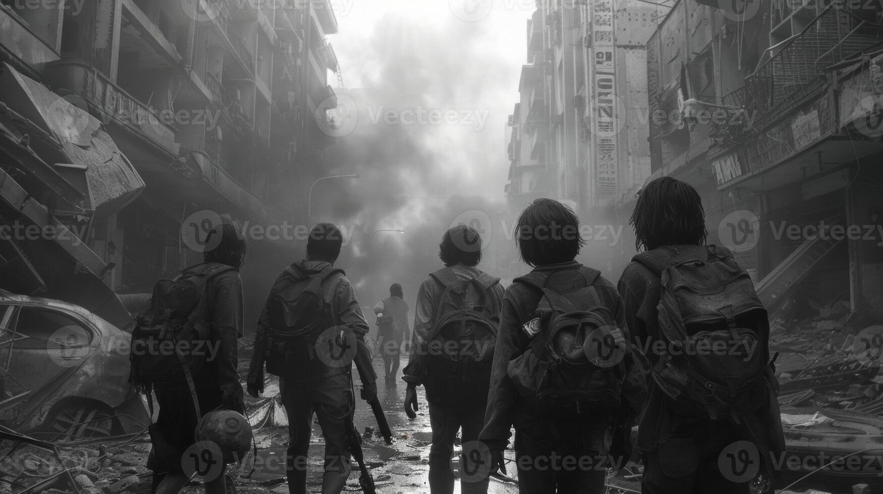 A group of survivors their backs to the camera make their way through the decimated city their tattered clothes and battered tools . photo