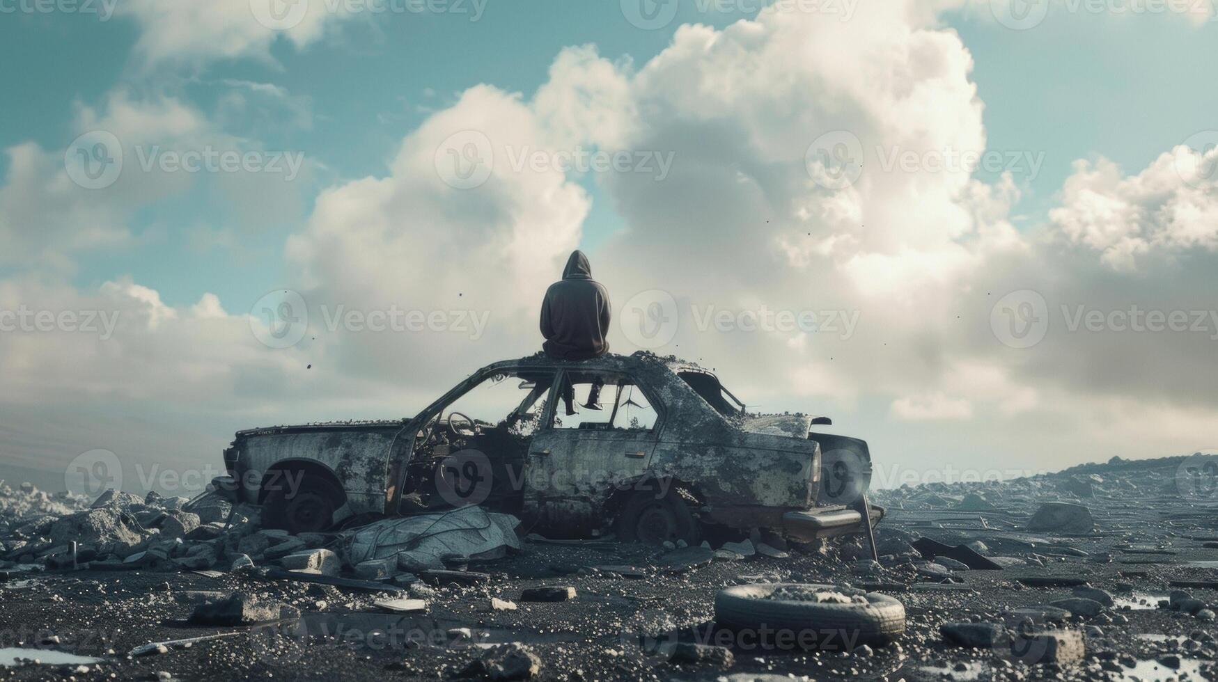A figure sits perched on a broken car their back facing the camera as they survey the destruction around them. They appear to be the . photo