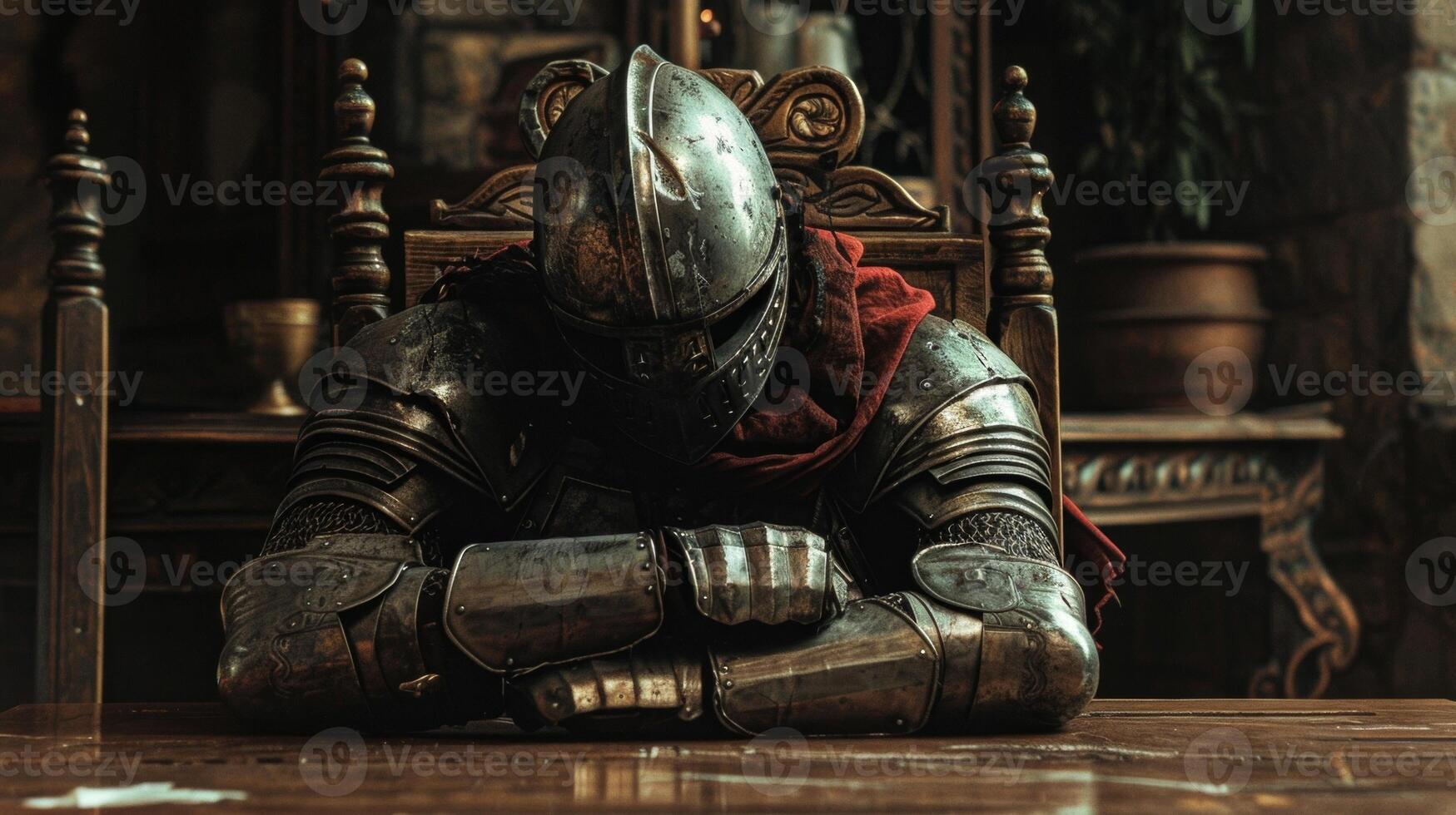 A wearylooking warrior sits slumped at a table his armor and sword leaning against the chair lost in thought as he contemplates his . photo