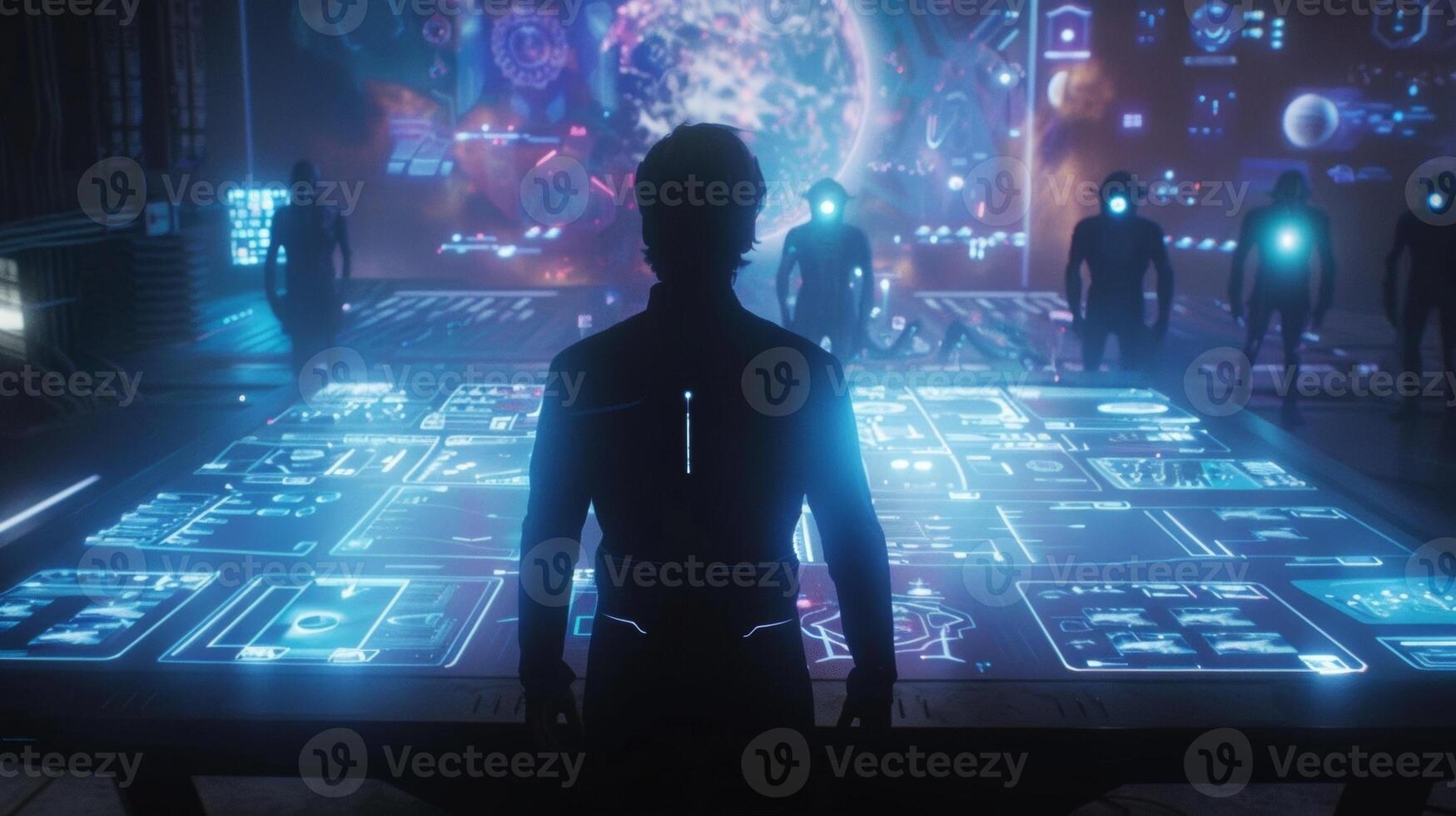A human representative with their back to the camera stands in front of a holographic table discussing terms of the peace treaty with . photo