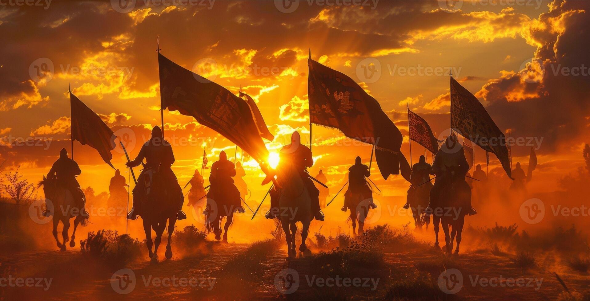 Against a fiery sunset sky a group of knights on horseback gallop away from the camera their banners billowing behind them in a dramatic . photo