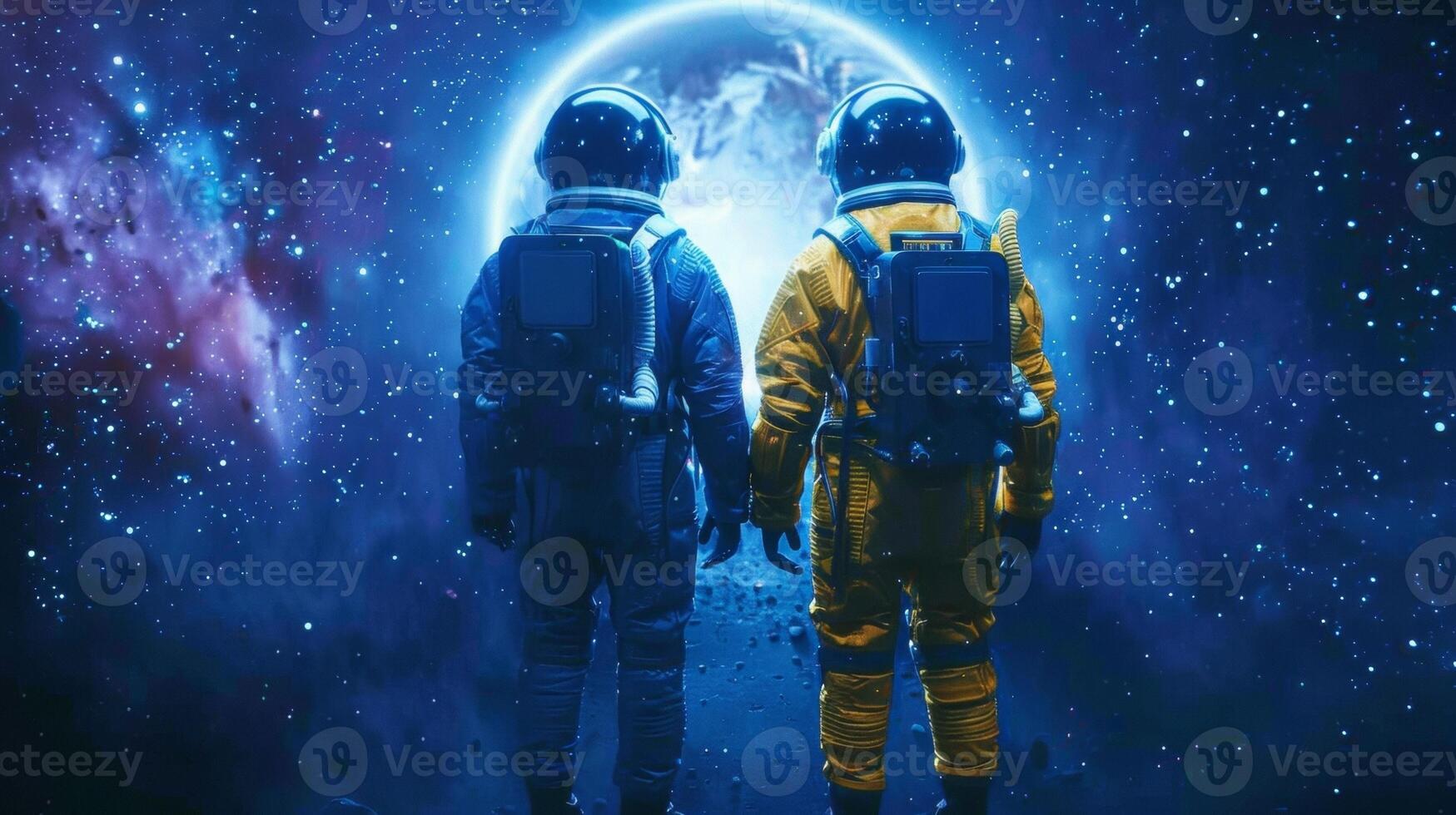 Two astronauts one in a blue suit and the other in a yellow suit stand side by side facing the wormhole. Though we cannot see their . photo