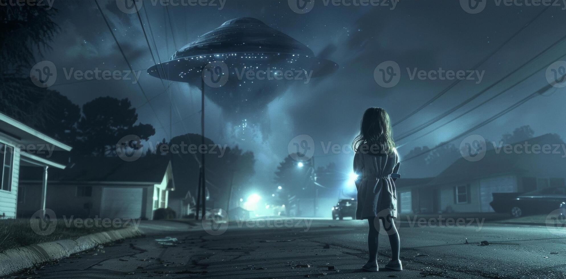 A young girl stands on the edge of a deserted street her back turned to the camera as she gazes in awe at a mysterious extraterrestrial . photo
