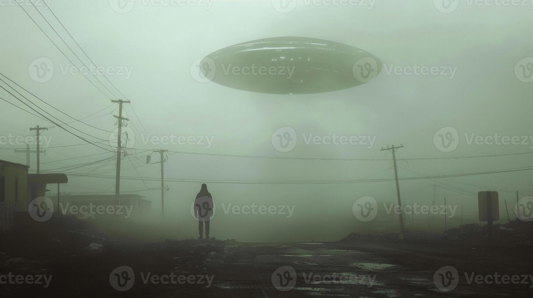 A lone figure with their back turned to us stands on the outskirts of a small town their attention captured by an otherworldly being . photo