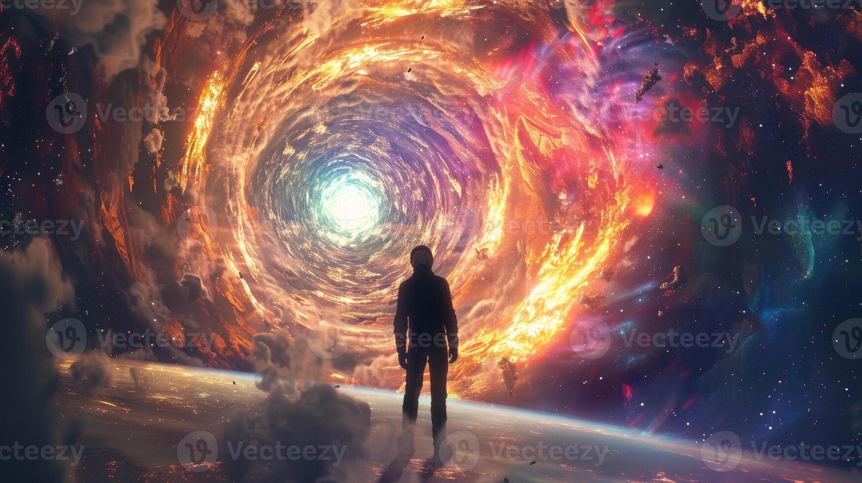 A figure in a sleek black spacesuit stands on the outskirts of the wormhole their back to us. The blackness of the suit contrasts . photo