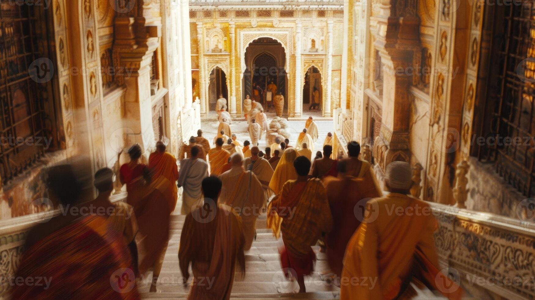 A group of figures can be seen walking down the palaces grand staircase their backs facing the camera. Despite their blurred appearance . photo