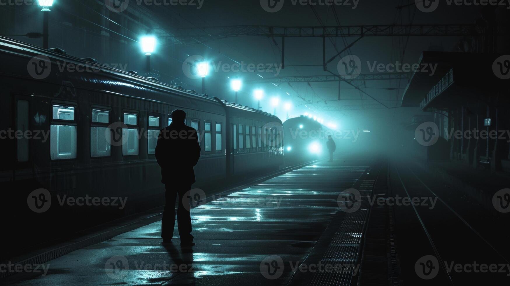 A lone figure stands on the platform facing away from the camera. The lights of the spectral train behind them cast eerie shadows . photo