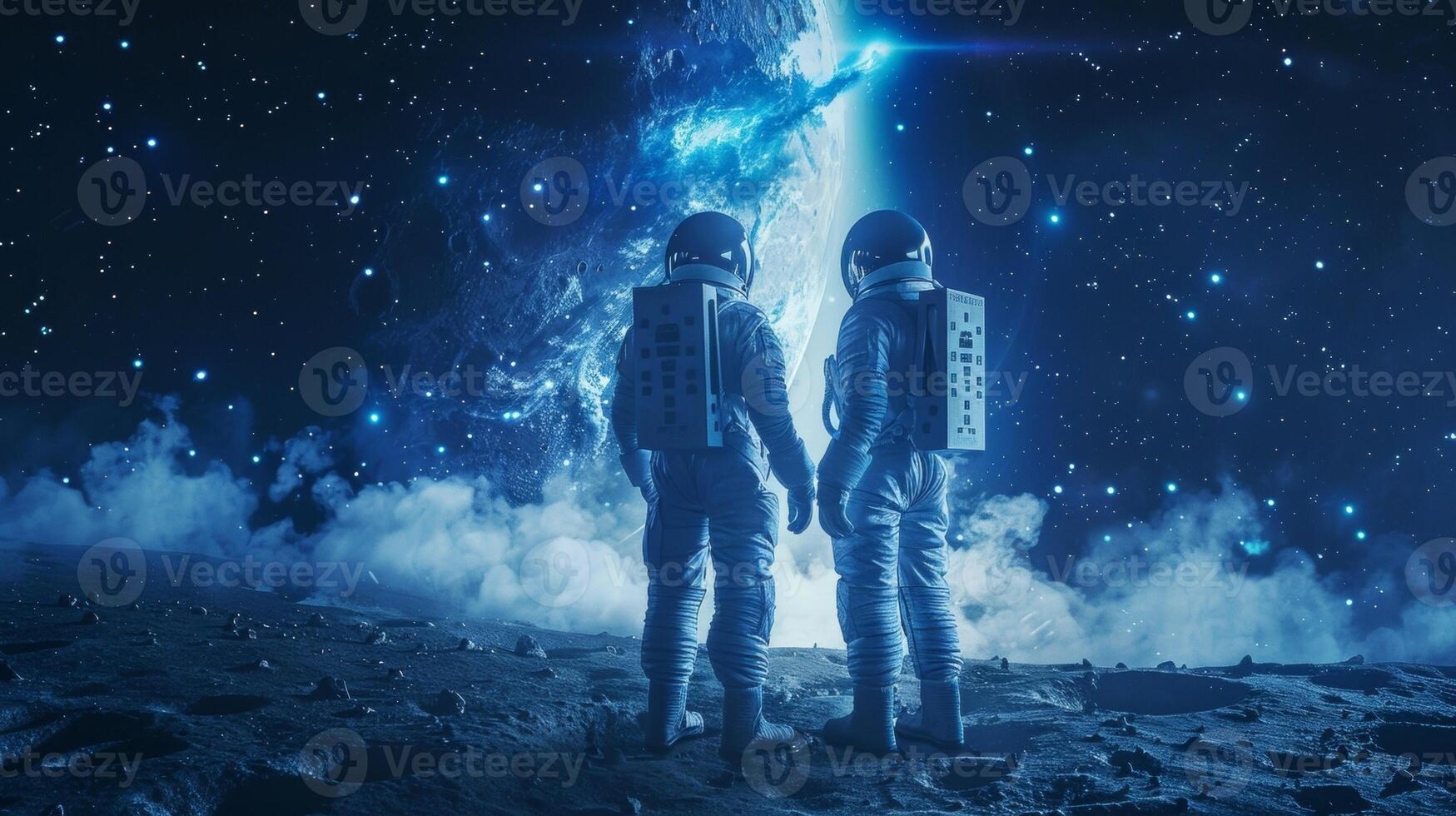 A pair of astronauts in matching suits stand back to back on a barren moon their eyes fixed on a luminous blue apparition soaring . photo