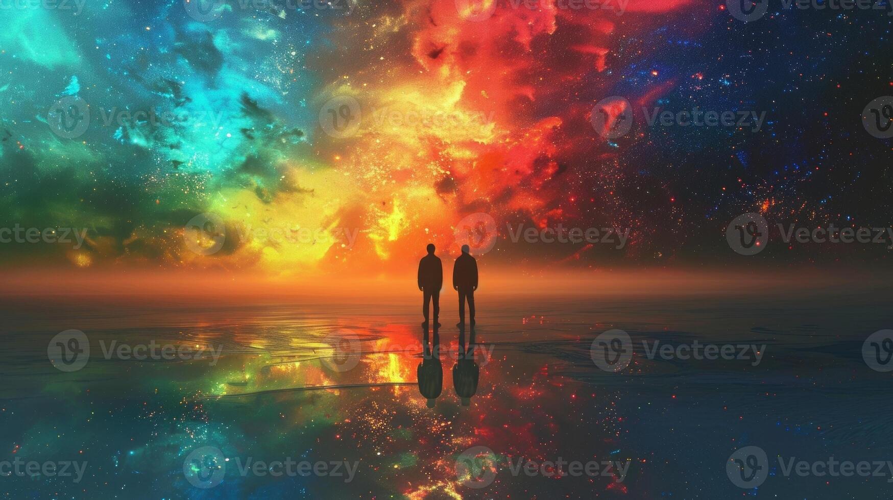 Silhouettes of three figures are visible against the bright colorful horizon of the extraterrestrial ocean. . photo