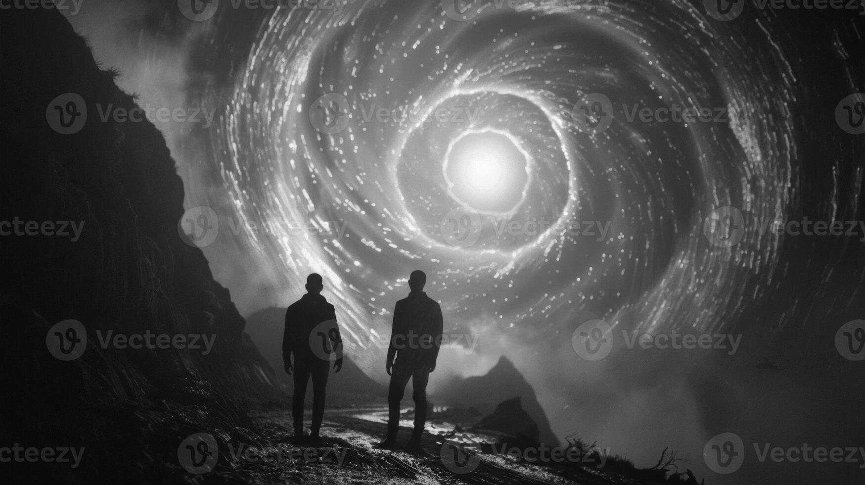 Two silhouetted figures stand at the edge of a mysterious portal facing away from the camera. Through the shimmering vortex various . photo
