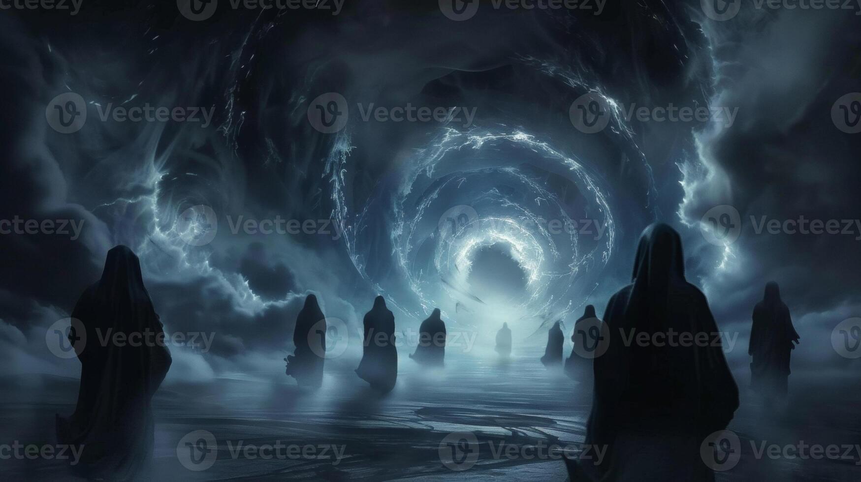 A group of hooded travelers move in unison towards the gateway their backs almost blending into the dark ominous background. The only . photo