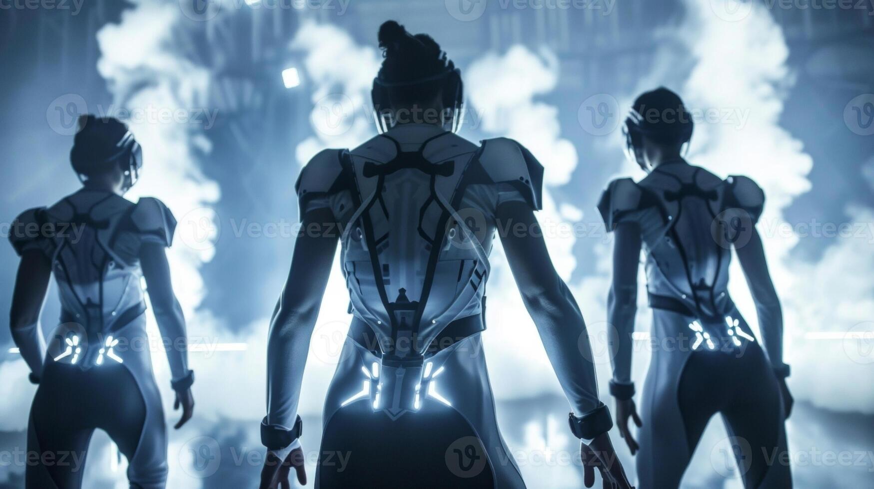 Athletes in modern futuristic uniforms perform intricate moves on a futuristic set their backs to the camera as they defy gravity . photo