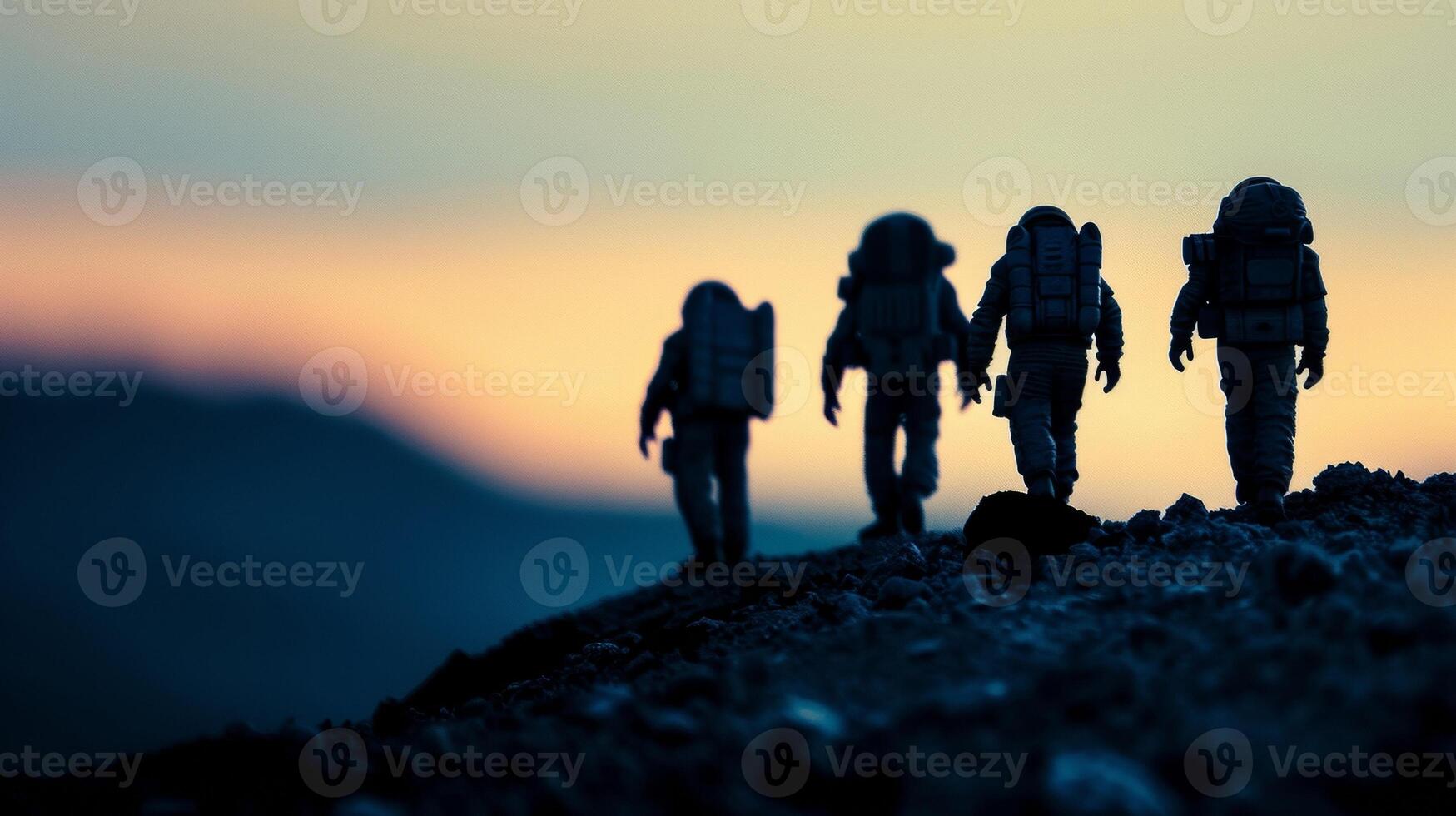 Backs to the camera a group of intrepid explorers stand on the precipice of an alien world about to embark on a historic meeting with . photo