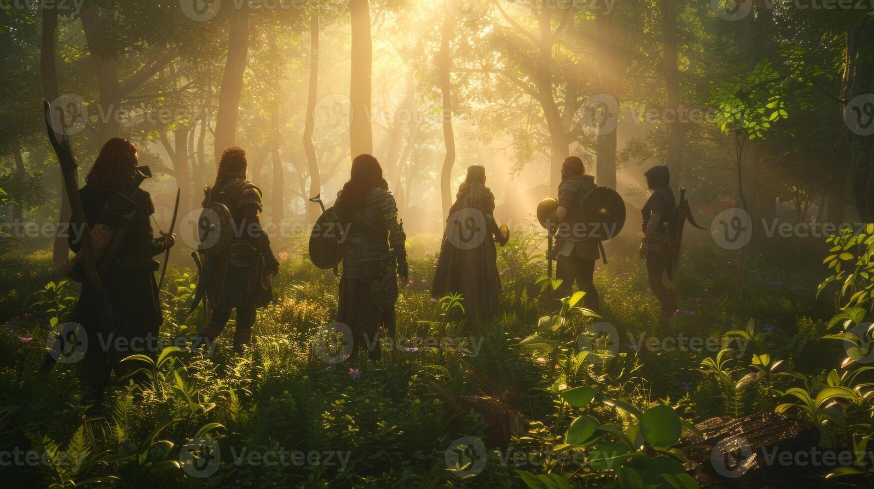 A group of adventurers stand in the center of the fairytale glade their backs facing the camera as they discuss their next move in . photo