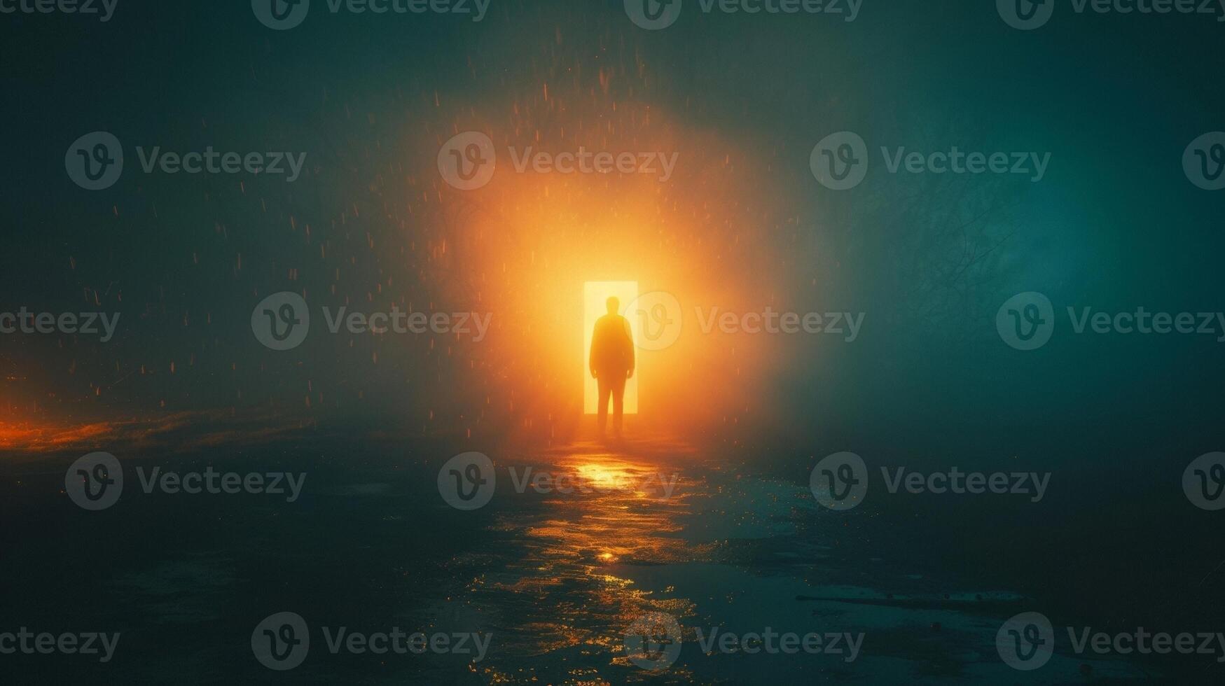A lone figure stands at the entrance of the gateway their back turned as they contemplate the decision to cross over into the parallel . photo