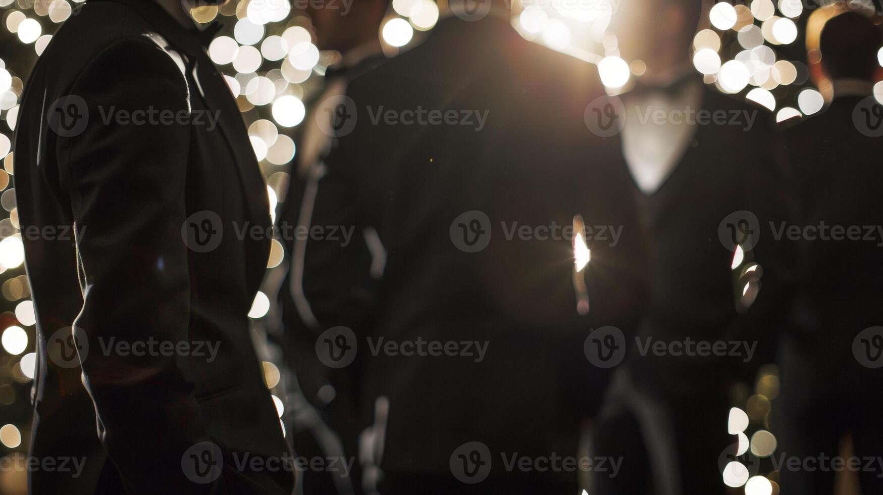 A row of sharply dressed men their hands in their pockets admiring the shimmering diamonds and pearls with fascination. . photo