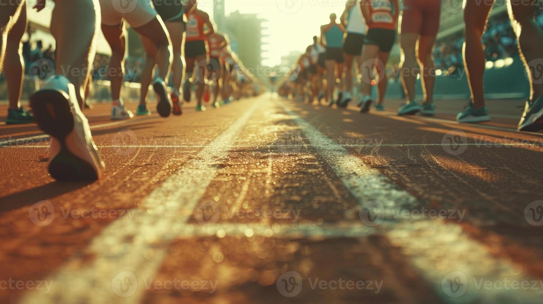 A group of runners crouch at the starting line their backs to the camera ready to sprint towards the finish line in a high stakes . photo