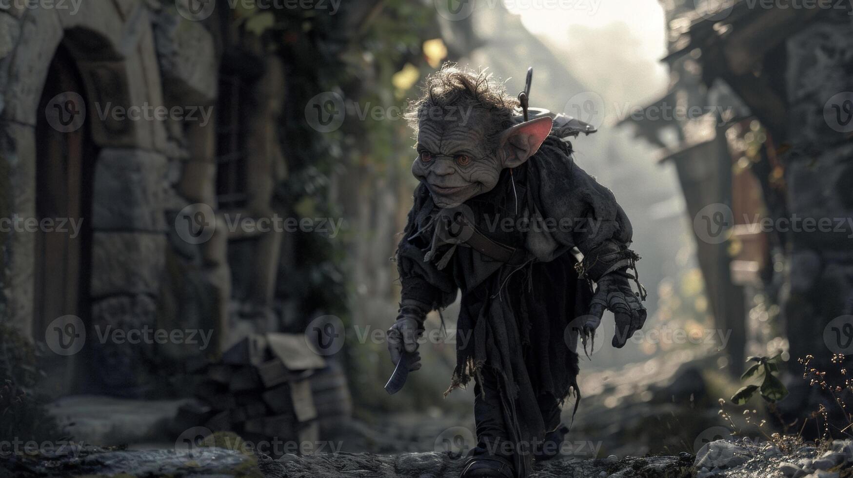 A mischievous imp darts through the scene his back hunched and his expression mischievous. He is dressed in a tattered and patched . photo