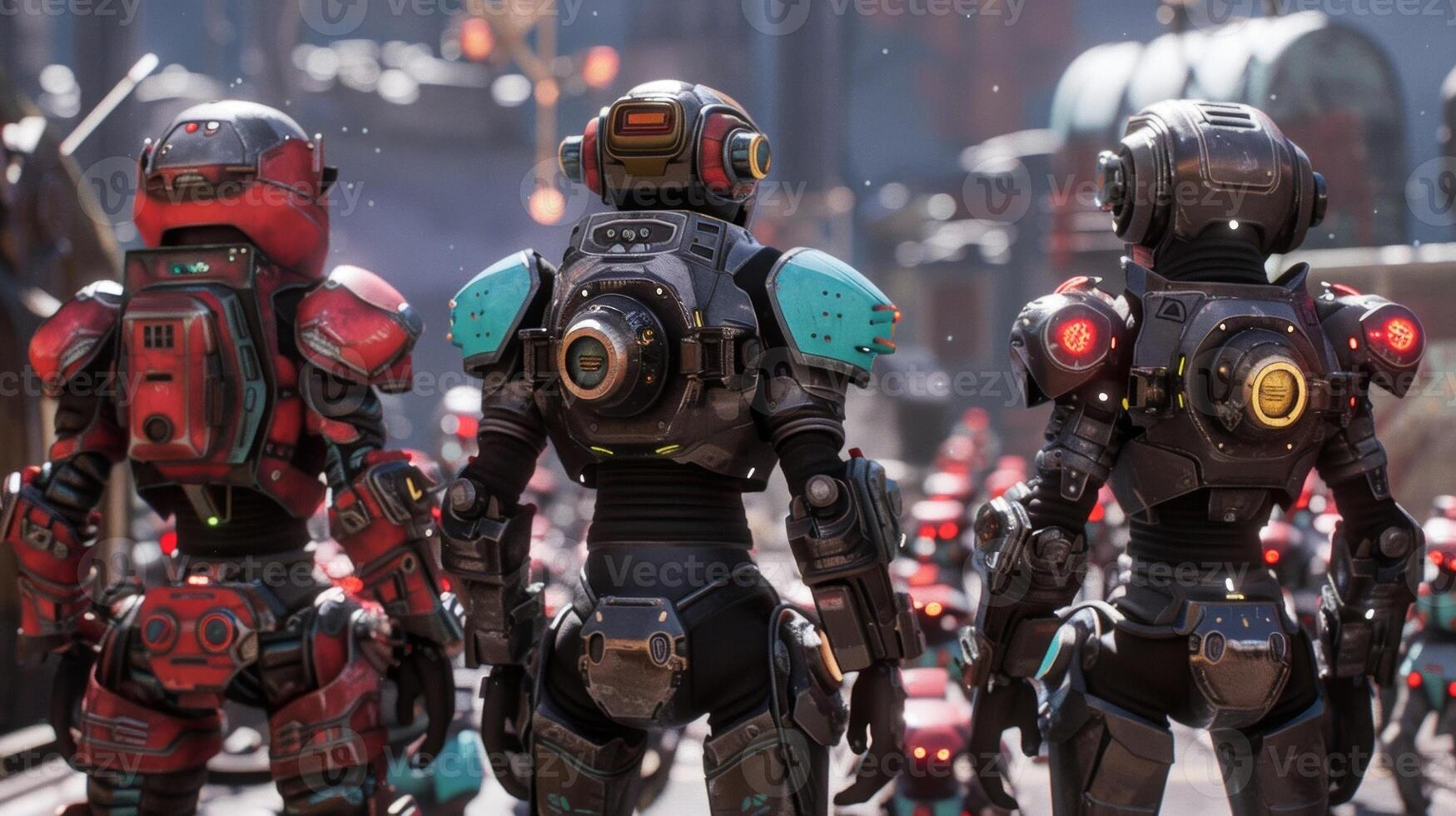 Three avatars all wearing futuristic armor stand side by side with their backs to the camera. In front of them a group of small friendly . photo