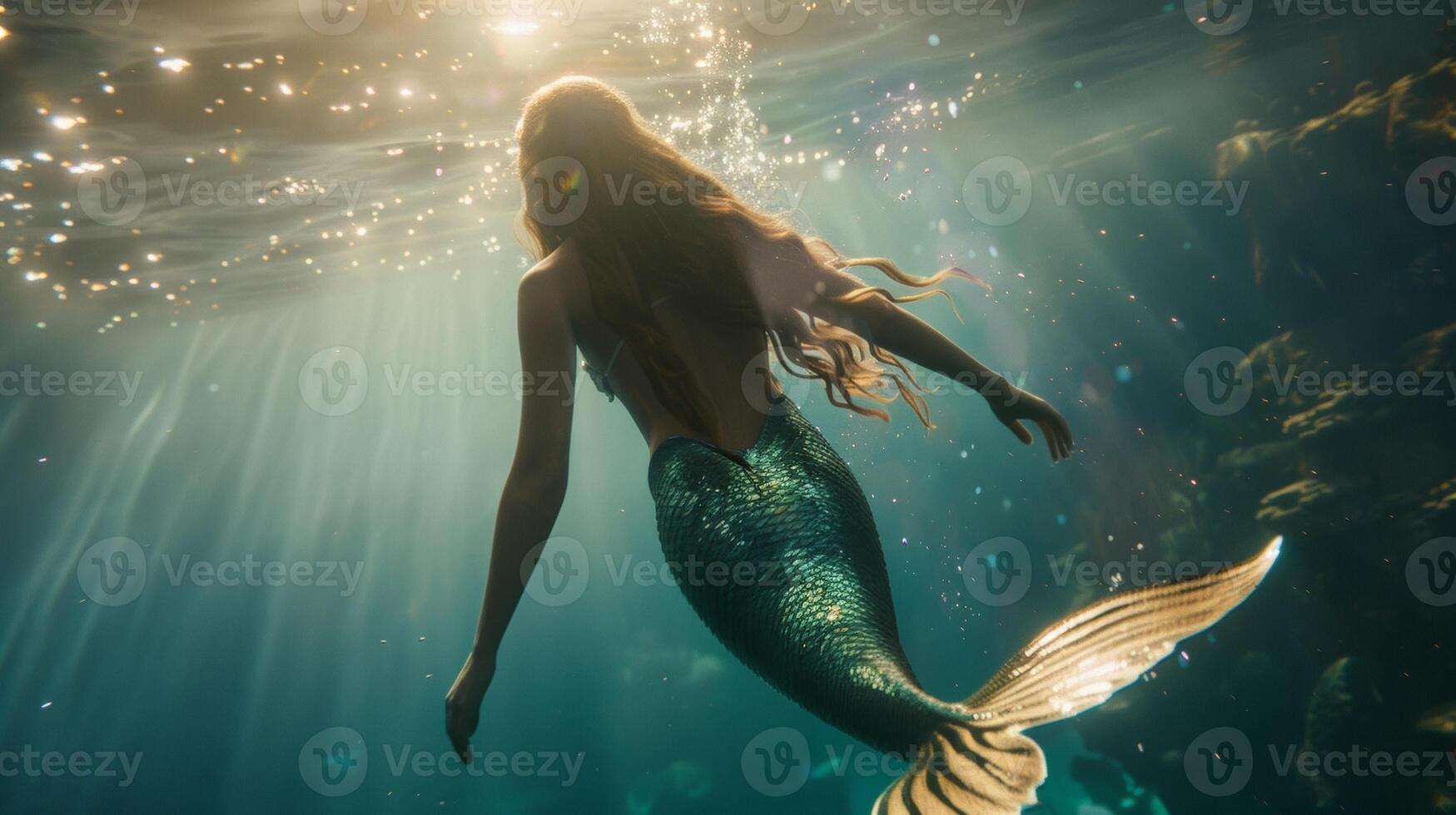 The back of a mermaid can be seen swimming away from the camera the scales on her tail glimmering in the underwater light. She is . photo
