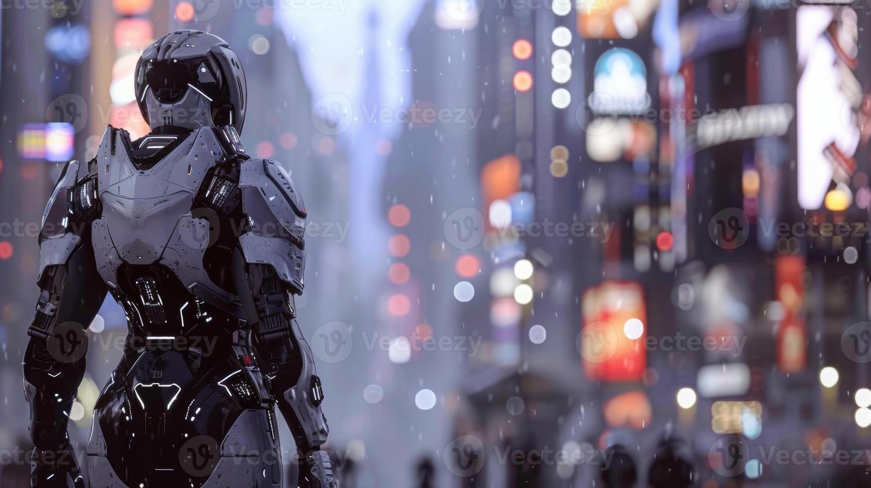 A figure dressed in futuristic armor stands tall and regal as they enter the bustling metropolis. . photo