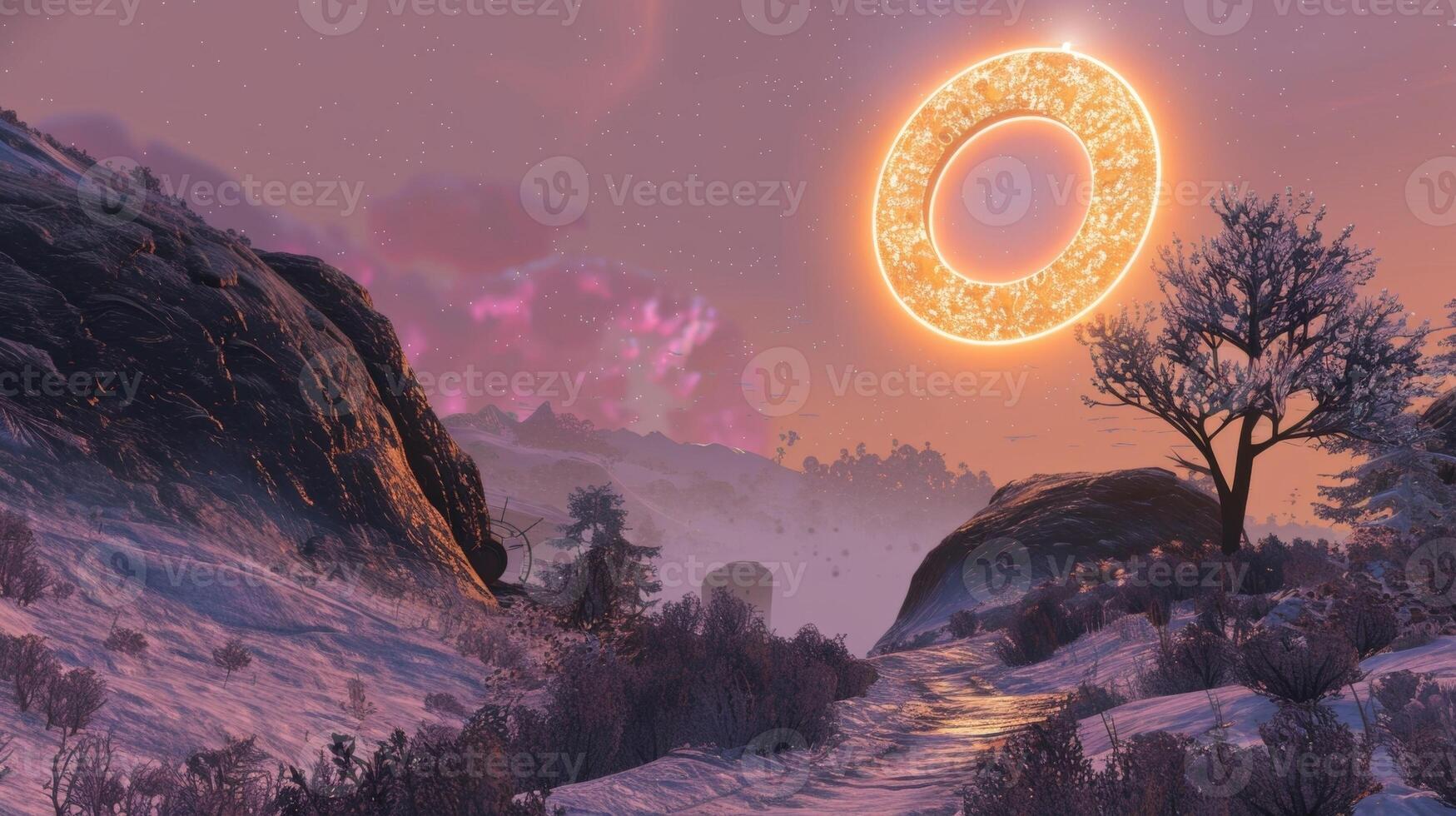 In the foreground a portal hovers in midair glowing with an otherworldly light and serving as a bridge between two worlds. . photo