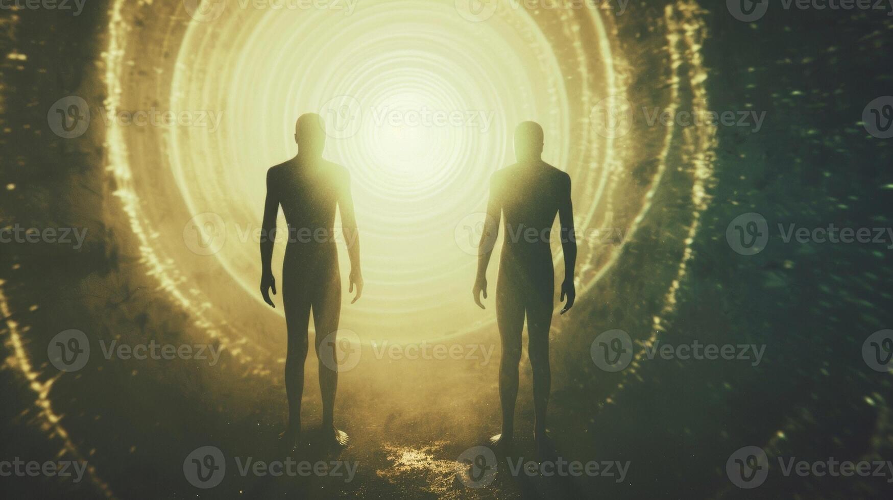 Two figures their backs to the camera stand on either side of the portal their hands intertwined and eyes closed in a moment of intense . photo