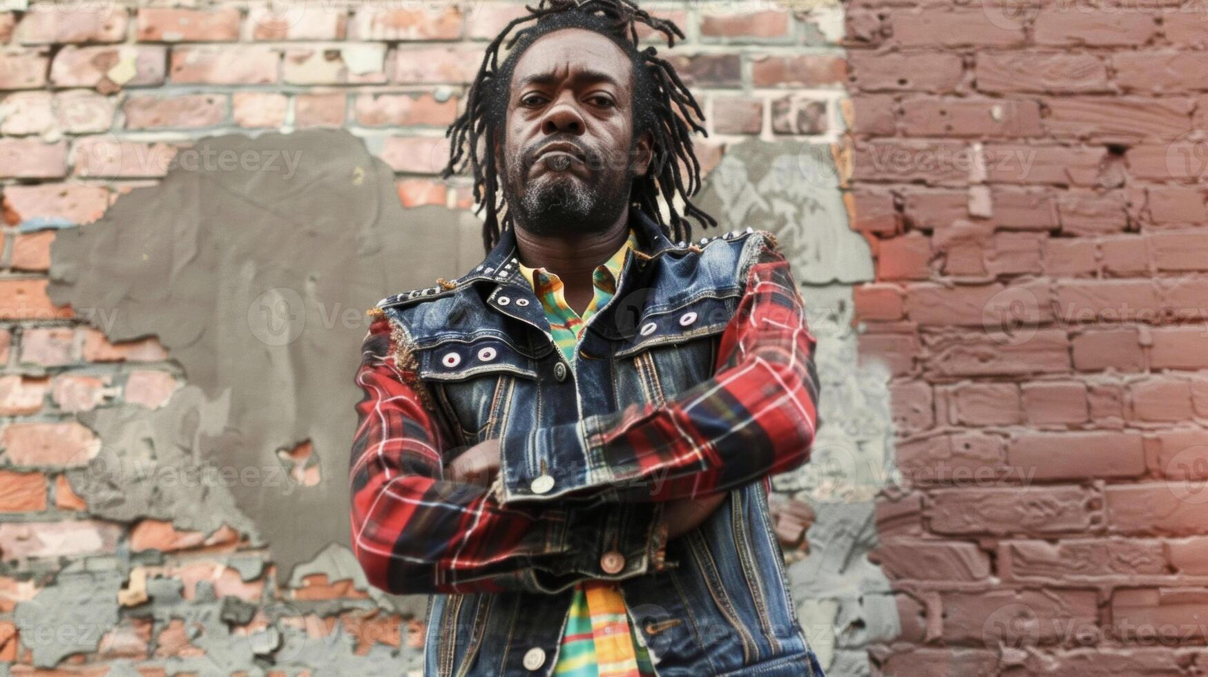 A black man stands tall and confident against a brick wall backdrop his shredded denim vest revealing a colorful plaid shirt underneath. His dreadlocks are styled in a messy unkempt photo