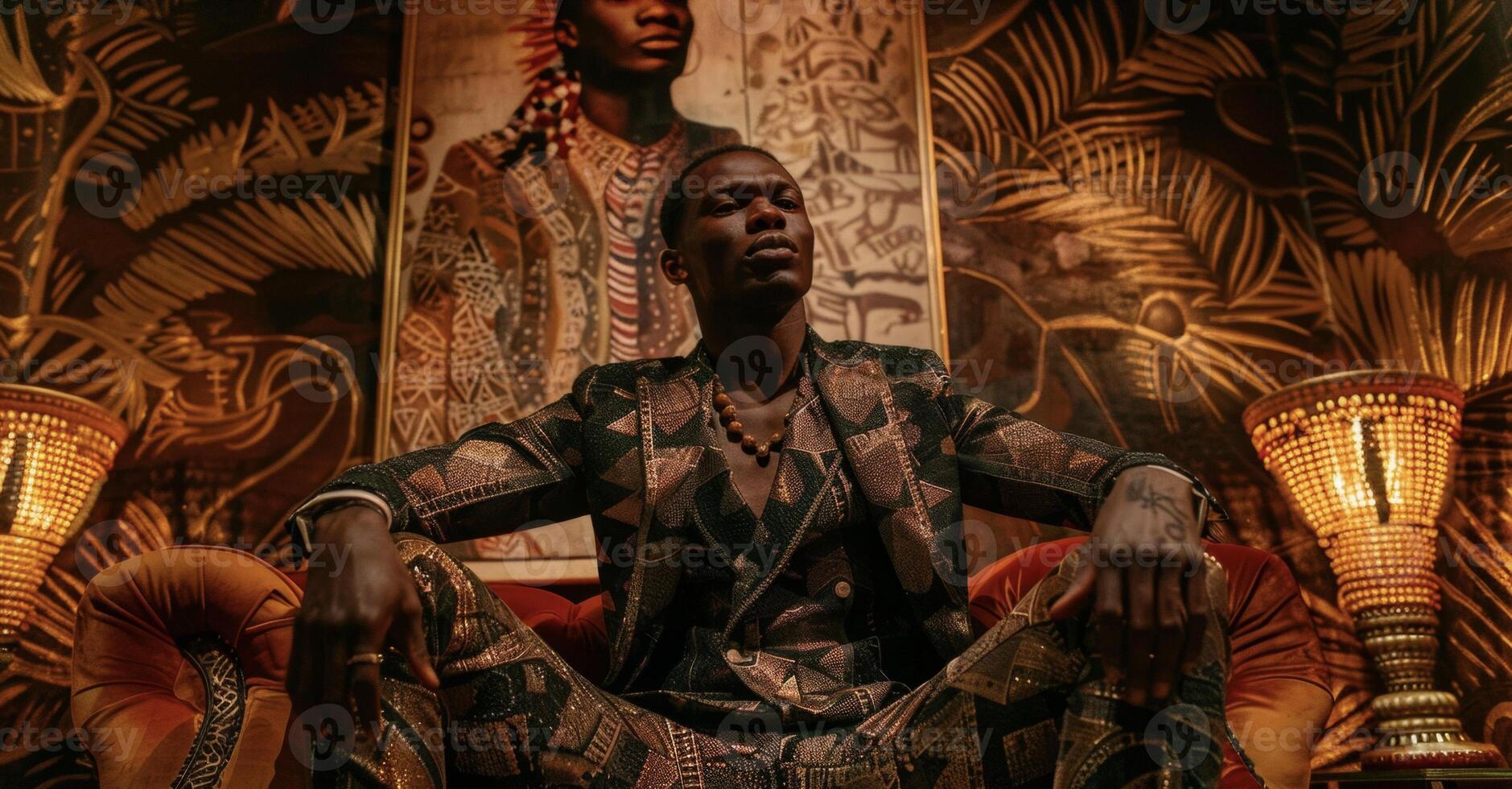 A black man gazes confidently into the camera dd in a tailored jacket and pants with intricate patterns and metallic details. His stance exudes power and individuality as if he is photo