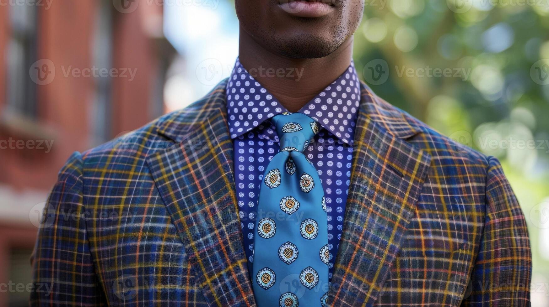 A dapper black man stands tall in a tailored suit reminiscent of the classic sharpness of 1950s cinema stars. However his bold patterned shirt and vibrant blue tie add a fresh pop photo