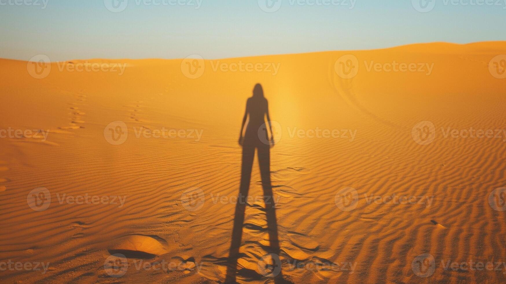 A person stands with their back to the camera their shadow stretching long against the sand dunes behind them. The stark contrast . photo