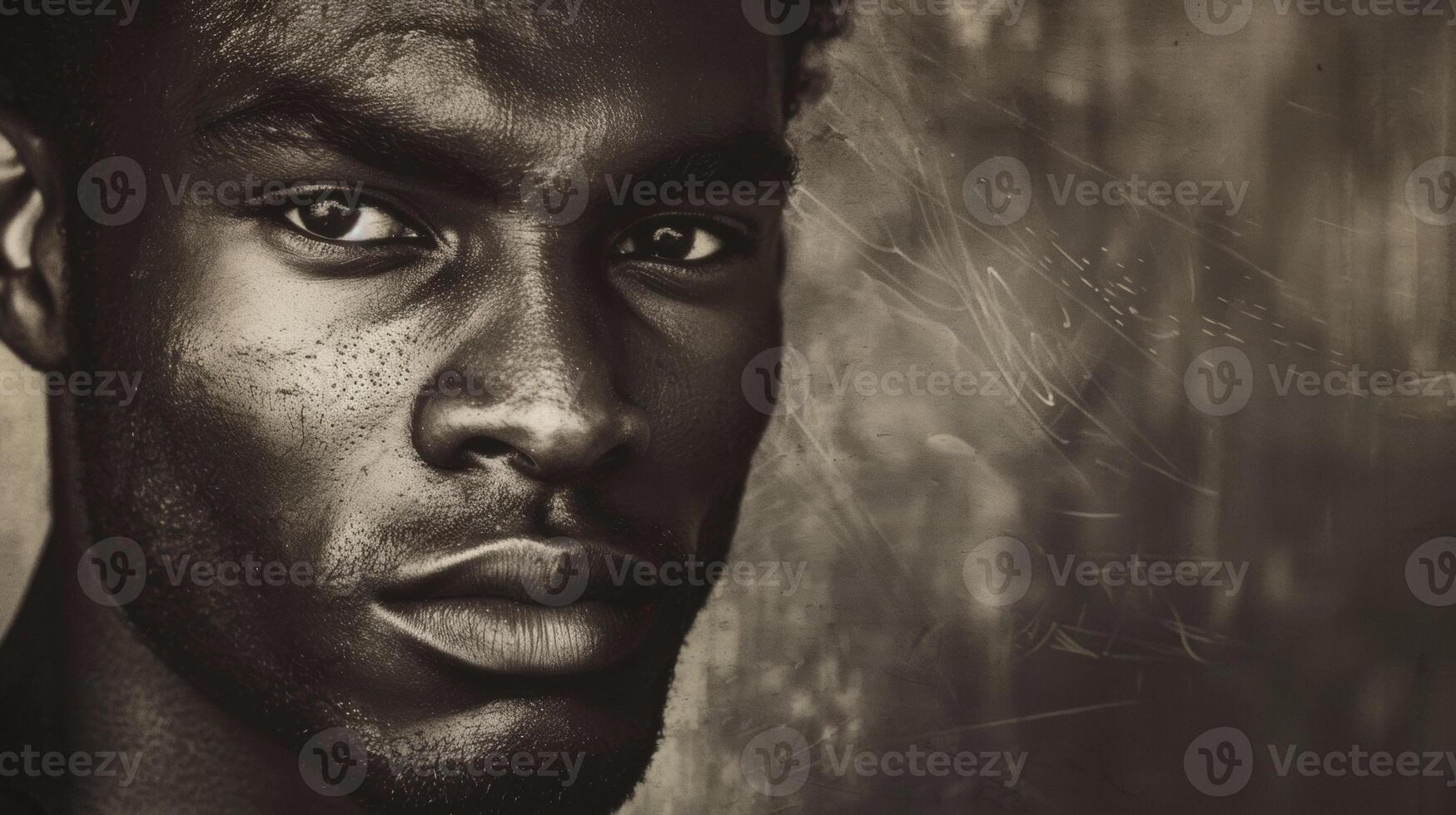 The subtle hues of sepia and coffee blend together in this monochrome portrait showcasing the depth and complexity of a Black mans melaninrich skin. His confident gaze captivates the photo
