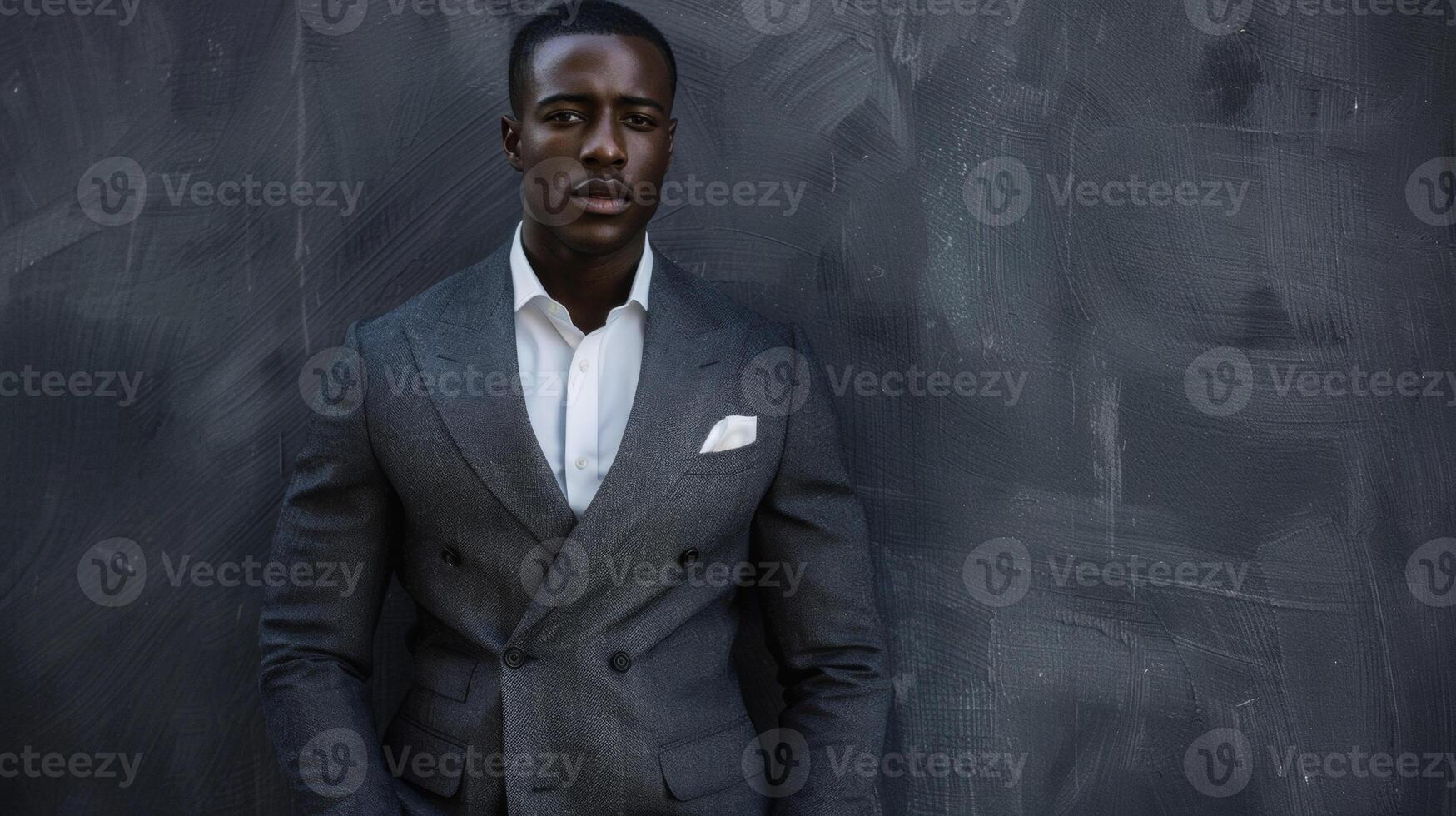 A confident black man exudes style in a tailored suit featuring a subtle herringbone pattern. The visual texture of the fabric enhances the classic silhouette making the suit a true photo