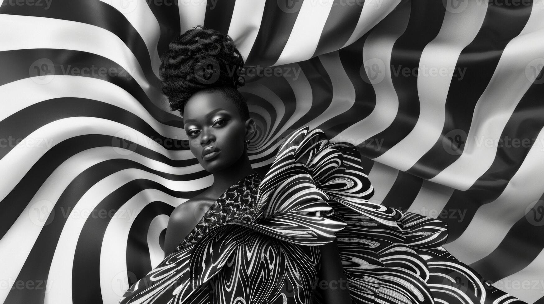 Against a backdrop of monochromatic swirls a stunning black woman gazes serenely at the camera donning a billowy abstractpatterned dress. The intricate lines and shapes of her outfit photo