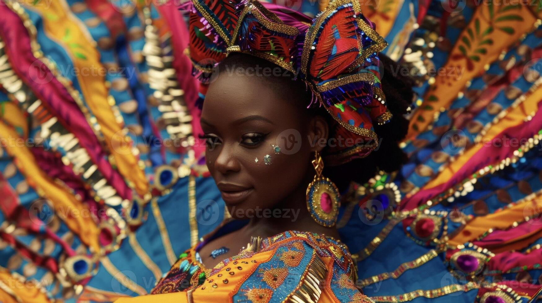 This portrait features a stunning black woman in a vibrant and ornate carnival costume her body in motion as she gracefully dances to the music. The patterns and colors of her outfit photo