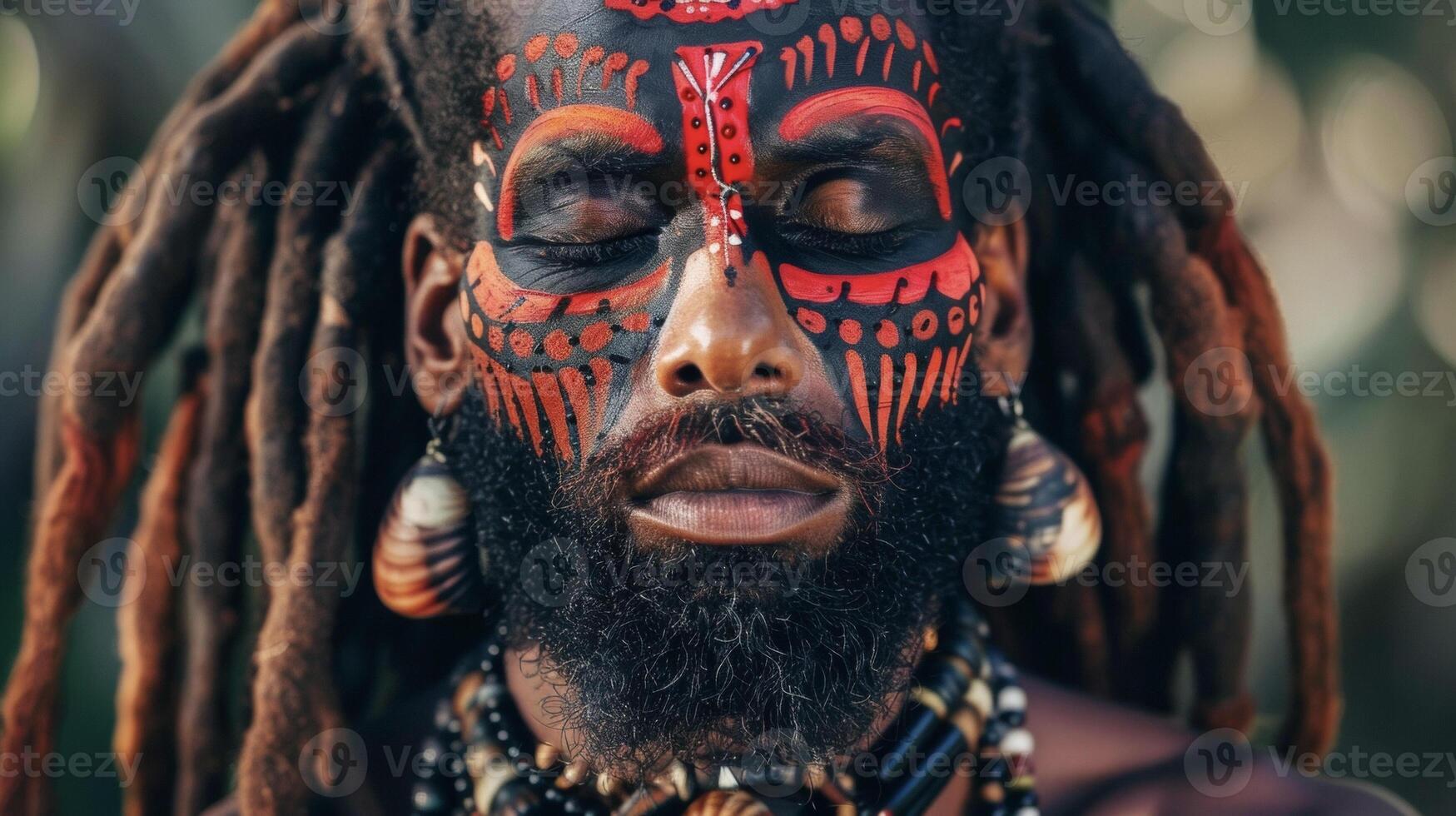 A handsome black man stands tall with his eyes closed his face painted with intricate red and black designs that resemble the iconic lion of Judah a symbol of strength and royalty photo