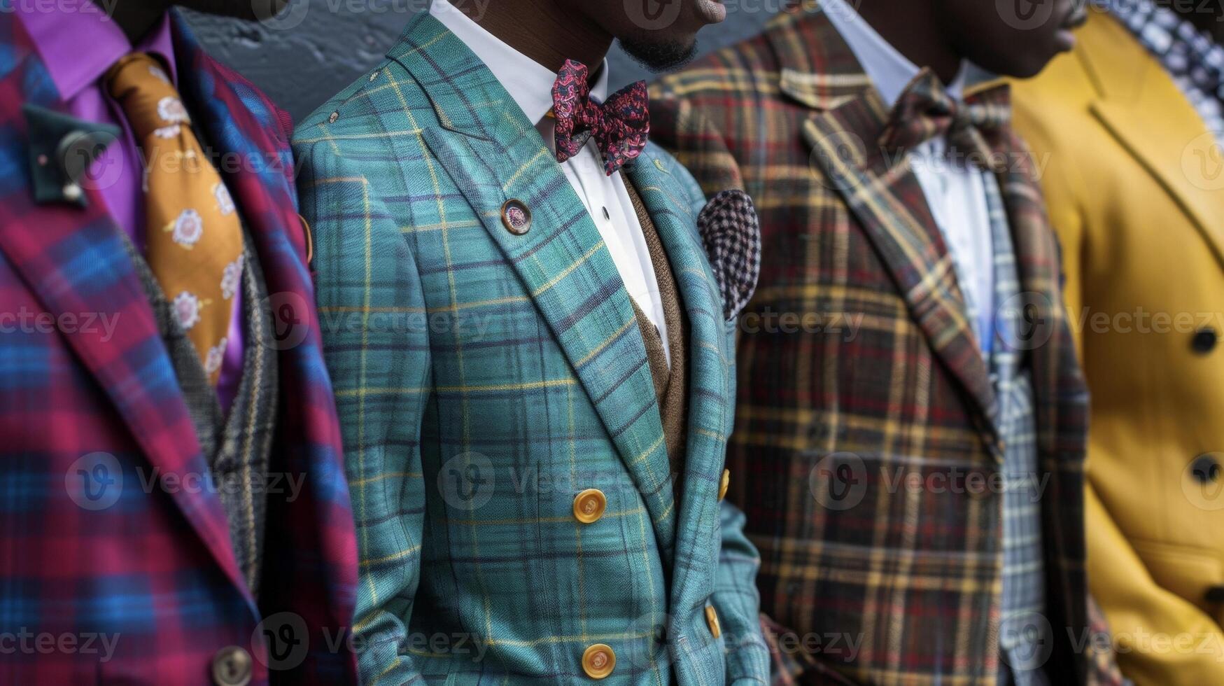 A group of black men dressed in suits of different colors and patterns stand together showcasing the diversity and individuality within dandyism. Representing a movement that challenges photo