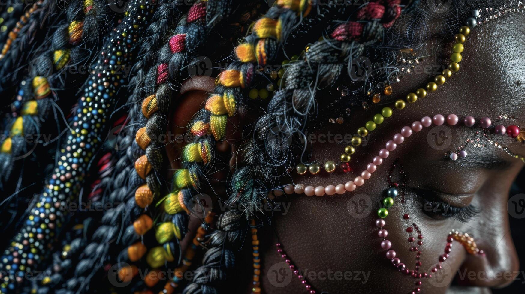 In this portrait a black womans natural hair is transformed into a work of art braided and decorated with beads and colorful threads. The intricate patterns and textures create a stunning photo