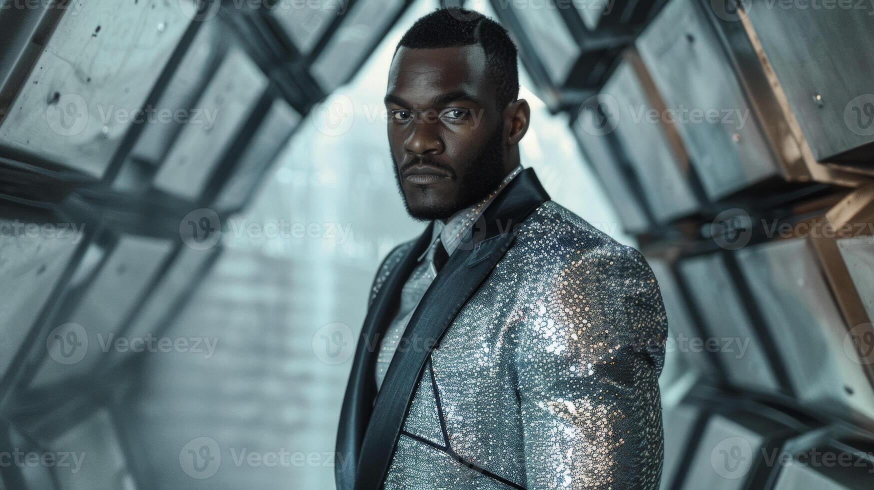 A black man exudes confidence and power as he looks into the camera wearing a tailored suit adorned with futuristic elements such as metallic accents and geometric patterns. His fearless photo