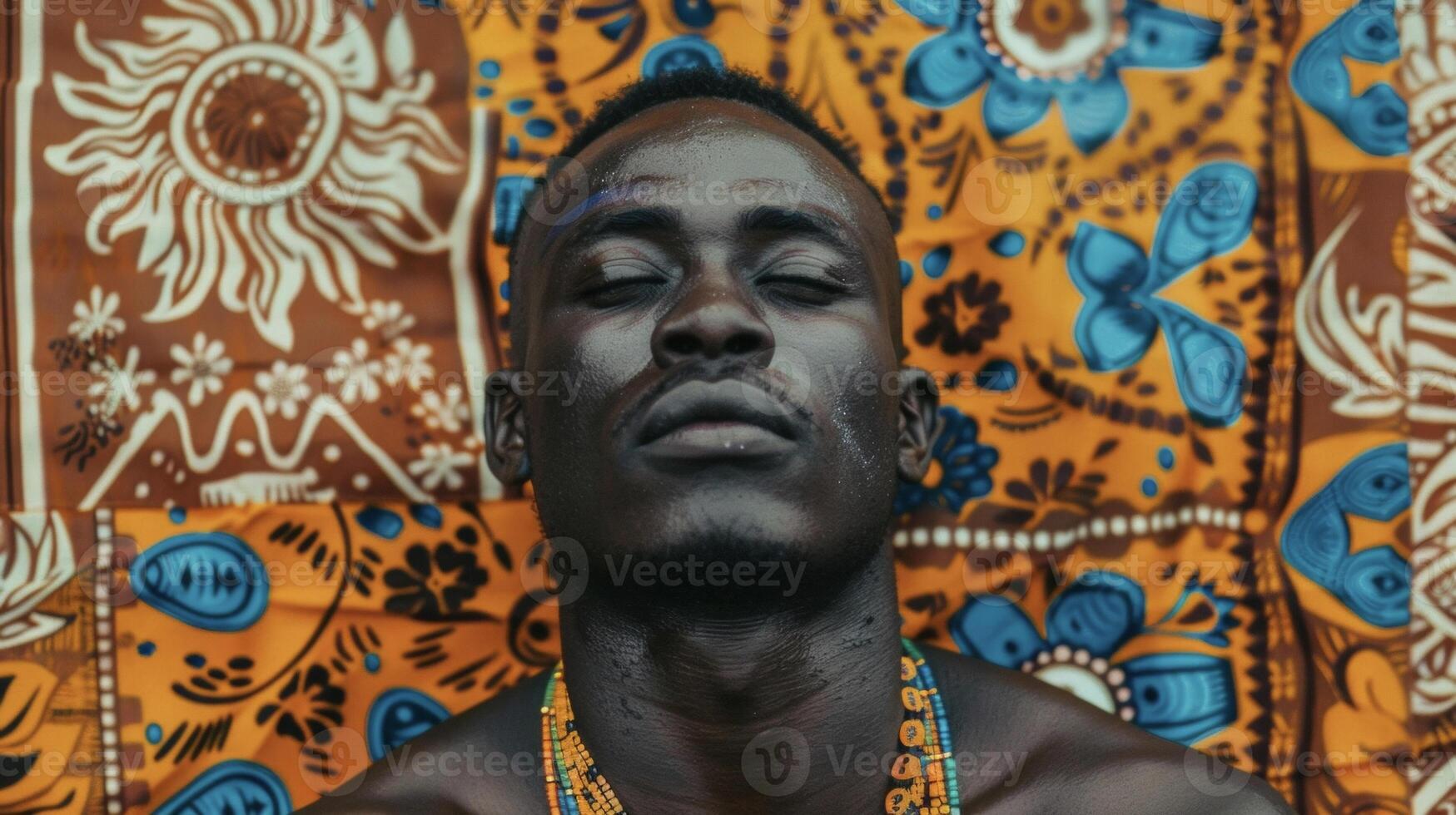 A stoic black man sits against a backdrop of traditional African prints his piercing eyes reflecting the pride and resilience of his ancestors. His neck is adorned with a bold beaded photo