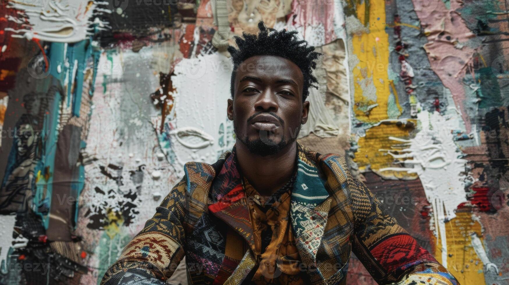 A handsome black man exudes confidence as he poses in front of a canvas filled with eclectic and avantgarde elements. His style combines elements from different cultures creating a photo