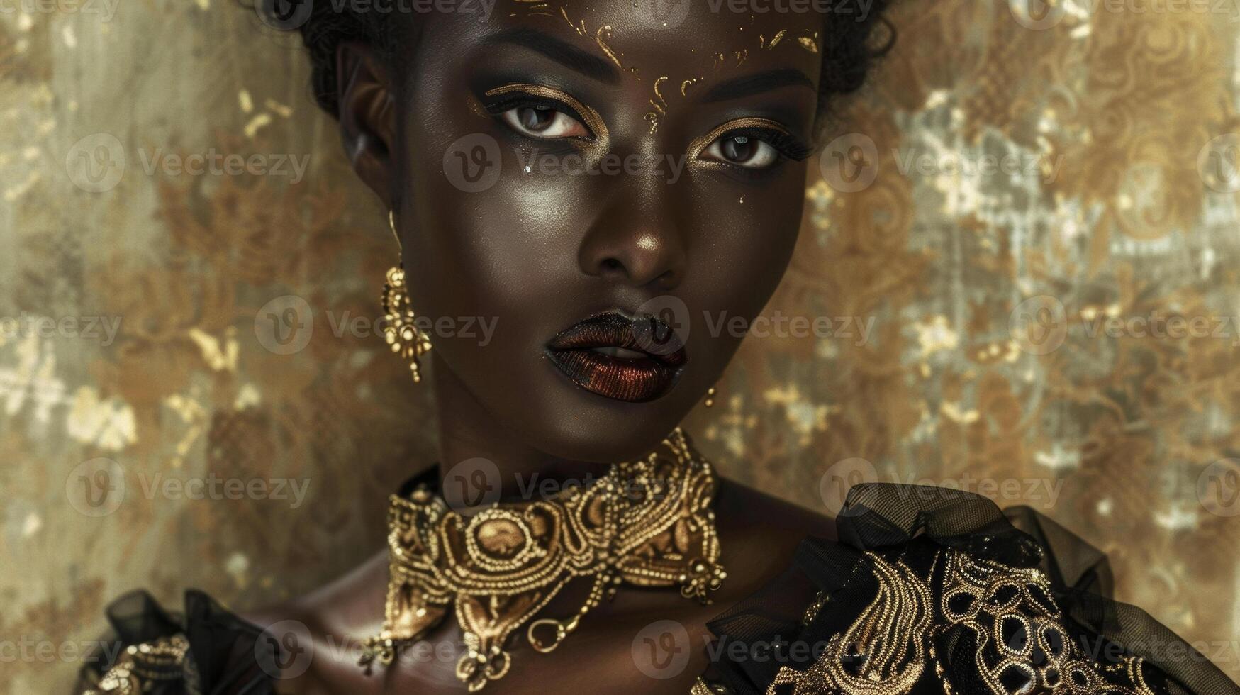 A striking black woman radiates power and grace adorned in a dramatic black and gold dress with a plunging neckline and intricate lace detailing. Her makeup is a stunning combination photo