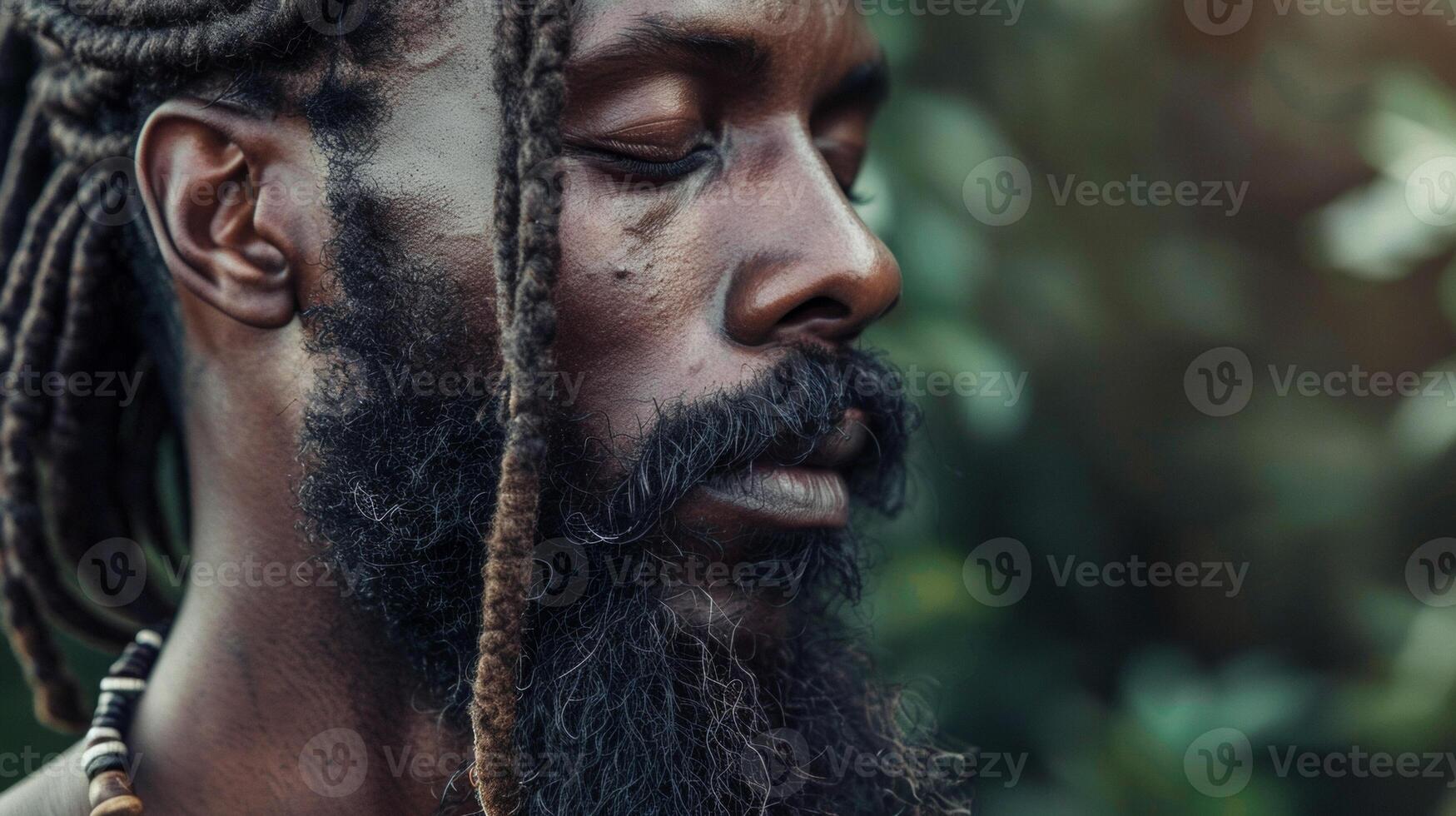 In this striking portrait a black man stands tall with a look of unshakeable confidence. The beads adorning his locs and the careful sculpting of his facial hair exudes a rebellious photo