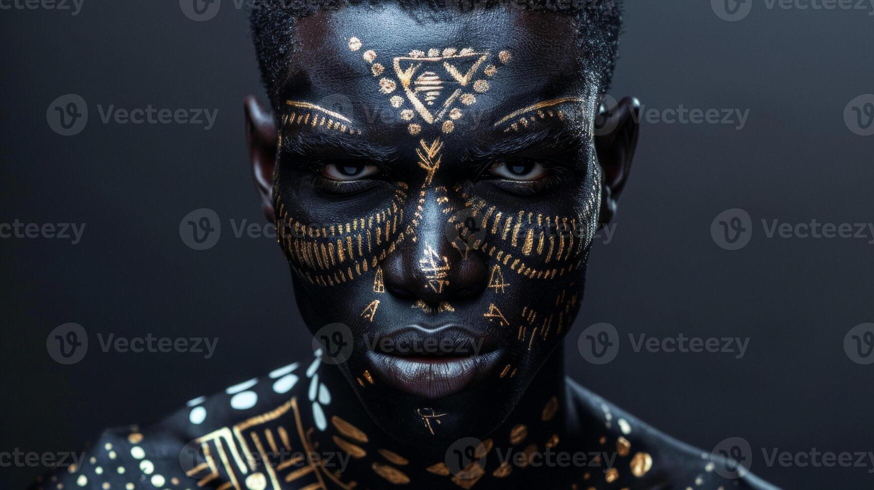 A striking black man with a commanding presence his face a canvas for intricate patterns and designs that fuse together traditional African art with abstract elements. His impeccable photo