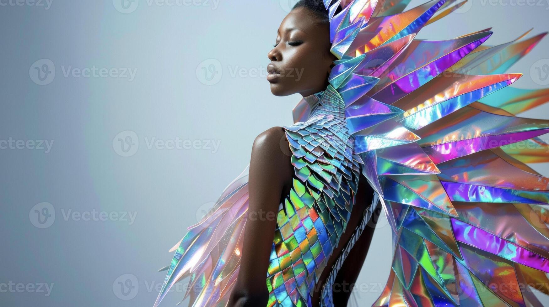 This image captures the essence of biomimicry fashion as a model sports a dress that resembles the iridescent scales of a fish. The vibrant colors and organic forms evoke a sense of photo