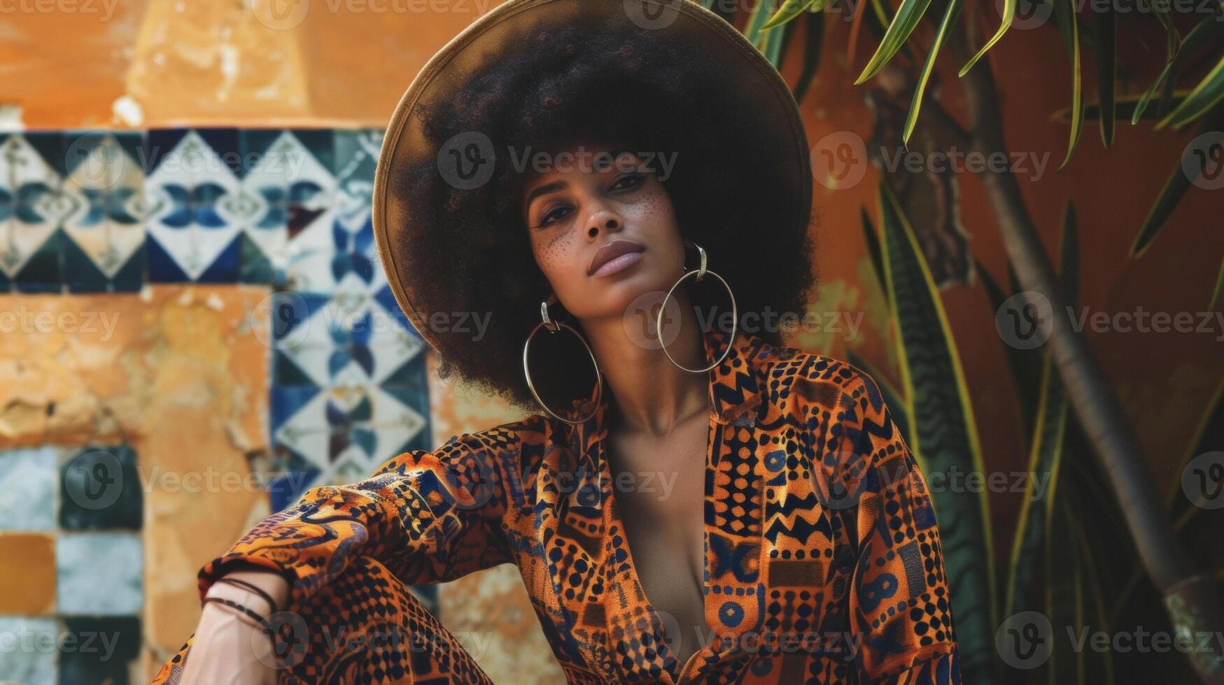 In a nod to 70s fashion a black woman poses in a groovy velour jumpsuit accessorized with a wide brim hat and platform sneakers. The geometric patterns of her outfit are complemented photo