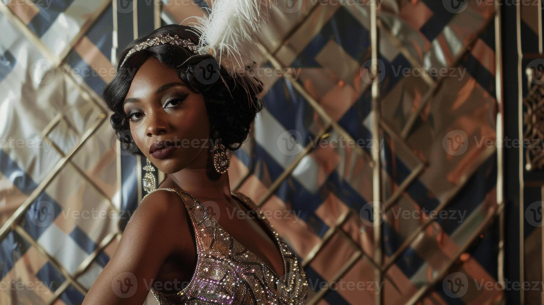 Against a backdrop of geometric patterns and metallic accents a stylish black woman poses in a sequined flapper dress. With a feather boa dd over her shoulder and a sparkling headband photo